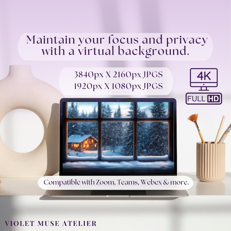 Snowy Log Cabin Zoom Background: Cozy Winter Window Virtual Backdrop ...