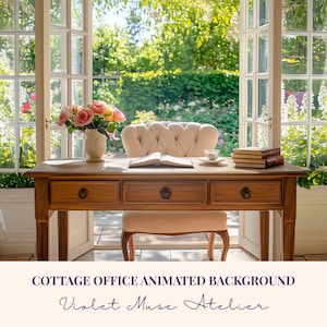 May include: A sunlit cottage office scene with a wooden desk, chair, and bench. A vase of pink roses sits on the desk, along with books and a teacup. The background features open French doors overlooking a lush garden. Text at the bottom reads "COTTAGE OFFICE ANIMATED BACKGROUND" and "Violet Muse Atelier."