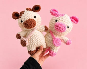 Handmade Crochet Cow Plushie, Chenille Yarn, Includes Bag (Brown or Pink)