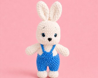 Handmade Crochet Bunny in Blue Overalls, Amigurumi Plush Toy