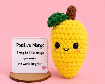 Handmade Crochet Mango, Emotional Support Desk Buddy, Positive Message Card Gift