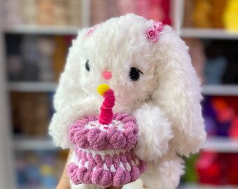KLAAR VOOR VERZENDING Verjaardagskonijntje knuffel – Kawaii handgemaakt gehaakt konijn met feestmuts, leuk feestcadeau, zachte knuffel met kleine zakjes