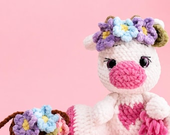 Handmade Crochet Cow Plushie, Flower-Adorned Amigurumi, Soft Cotton Yarn (20cm)