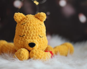 Handmade Crochet Pooh Bear Snuggler – Soft & Cuddly Amigurumi Plush – Classic Comfort Toy Gift
