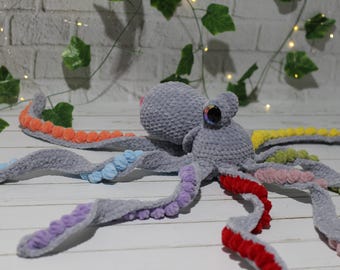 Polpo di peluche all&#39;uncinetto personalizzato / Polpo gigante / Peluche di creature marine / Gioco di fantasia / Polpo lavorato a maglia / Decorazioni per cameretta a tema spiaggia