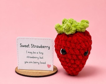 Handmade Crochet Strawberry Amigurumi, Emotional Support Desk Buddy, Positive Message Card