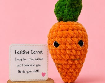 Handmade Crochet Carrot, Emotional Support Desk Buddy, Positive Message Card