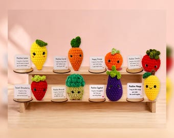 Handmade Crochet Fruit Vegetable Amigurumi, Positive Message Desk Buddy (Physical Product)