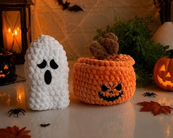 Handmade Crochet Halloween Ghost & Pumpkin Basket Set, Spooky Plush Decor