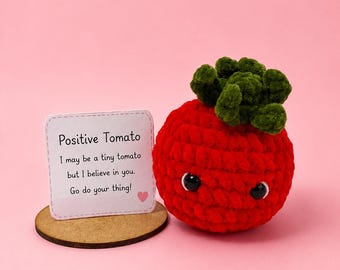 Handmade Crochet Tomato Desk Buddy, Positive Message Card, Emotional Support Gift