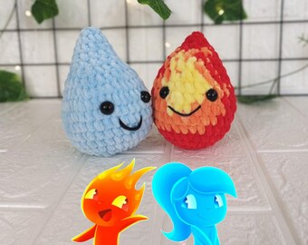 Peluche Elementale Amigurumi - Giocattolo di coppia Fuoco e Acqua, Peluche all&#39;uncinetto, Regalo di San Valentino, Giocattoli Elementali Unici