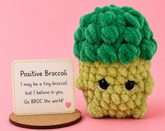 Handmade Crochet Broccoli Amigurumi, Emotional Support Desk Buddy, Positive Message Card
