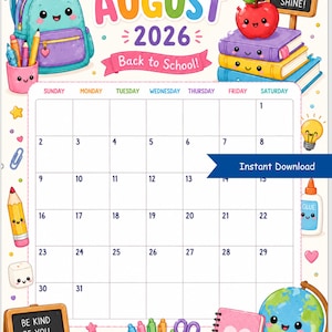 August 2026 Calendar | Back to School Calendar | Vertical Calendar - Instant Download