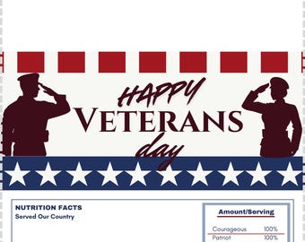 May include: A graphic with a red, white, and blue American flag theme. The text "HAPPY VETERANS day" is in bold black letters. Two silhouettes of people in military uniforms are saluting. The text "NUTRITION FACTS" is in black text with the words "Served Our Country" below it. The text "Ingredients: Army, Navy, Air Force, Marine Corps, Coast Guard" is below that. The text "Amount/Serving" is in black text with the following text below it: "Courageous 100%, Patriot 100%, Honorable 100%, Sacrifice 100%"
