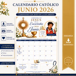 May include: A Catholic calendar for June 2026, featuring the theme "Walking with Jesus in the Eucharist." The design includes religious imagery, a portrait, and the text "Download Instantly." The calendar is available in PDF letter, A4, and PNG formats.