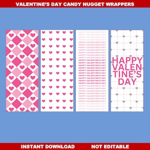 Puede incluir: Cuatro envoltorios de barra de caramelo imprimibles para el Día de San Valentín. Los envoltorios presentan corazones rosas y blancos, un patrón a cuadros y el texto "Feliz Día de San Valentín".