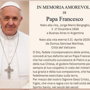 Biglietto Di Preghiera in Memoria di Papa Francesco – Ricordo Cattolico, Cartão de Oração para o Papa Francisco Italiano, Download Imediato