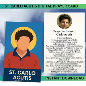 Könnte beinhalten: Digitale Gebetskarte mit einer Illustration von St. Carlo Acutis, der ein rotes Hemd und einen Heiligenschein trägt. Die Karte enthält ein Gebet und den Text "Sofort-Download."