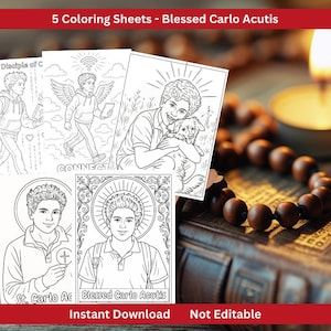 Könnte beinhalten: Fünf Schwarz-Weiß-Malvorlagen mit Illustrationen von Carlo Acutis. Die Blätter zeigen Carlo mit einem Hund, der ein Kreuz hält und Technologie nutzt. Der Text enthält "Digital Disciple of C", "CONNECT", "St. Carlo Ac" und "Blessed Carlo Acutis".