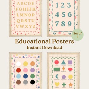 Boho Colorful Alphabet, Numbers, Colors, Shapes Educational Posters Printable Learning Wall Art for Kids, Preschool, Homeschool Decor