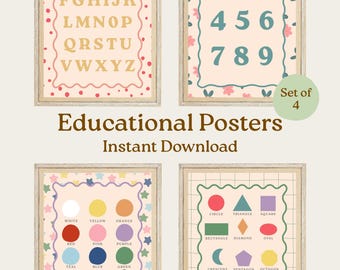 Boho Colorful Alphabet, Numbers, Colors, Shapes Educational Posters Printable Learning Wall Art for Kids, Preschool, Homeschool Decor