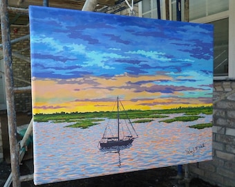 Wall Decor, Sunset Painting on the Bay, original painting