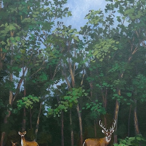 K&ouml;nnte beinhalten: Ein Gem&auml;lde, das eine Waldszene mit drei Rehen zeigt. Die Rehe sind braun und wei&szlig; und stehen auf einer Lichtung im Wald. Die B&auml;ume sind gr&uuml;n und der Himmel ist blau.