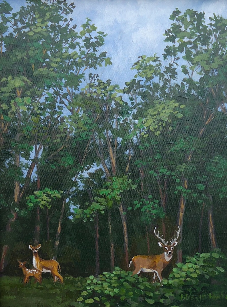 K&ouml;nnte beinhalten: Ein Gem&auml;lde, das eine Waldszene mit drei Rehen zeigt. Die Rehe sind braun und wei&szlig; und stehen auf einer Lichtung im Wald. Die B&auml;ume sind gr&uuml;n und der Himmel ist blau.