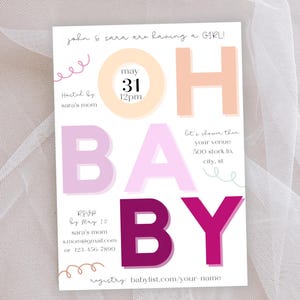 Editable Modern Baby Shower Invite, Personalized for Digital Prints, Oh Baby, It&#39;s a Girl, Instant Download Edit in Canva