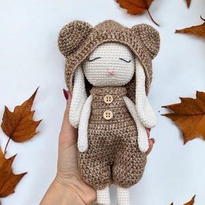 May include: A crocheted bunny doll wearing a brown hooded outfit with white accents. The doll has closed eyes and a pink nose. The doll is held in a hand against a white background with brown leaves.