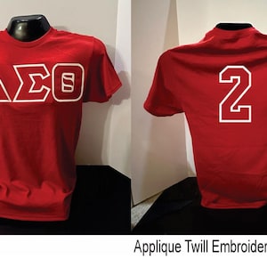 Delta Sigma Theta Red Embroidered Appliqué TShirt with Custom Number included. Sale Price ends Sunday.