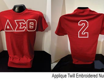 Delta Sigma Theta Red Embroidered Appliqué TShirt with Custom Number included. Sale Price ends Sunday.