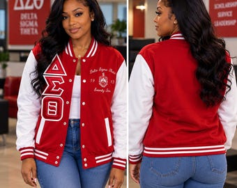 May include: A red and white varsity jacket featuring the Greek letters Delta Sigma Theta on the right chest, a Delta Sigma Theta Sorority Inc. crest with the year 1913 on the left chest, white sleeves, a snap-button front, and striped ribbed trim.