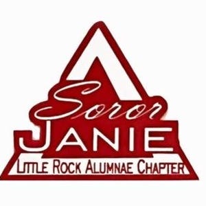 Puede incluir: Logotipo triangular rojo y blanco con el texto "Soror Janie Little Rock Alumnae Chapter".