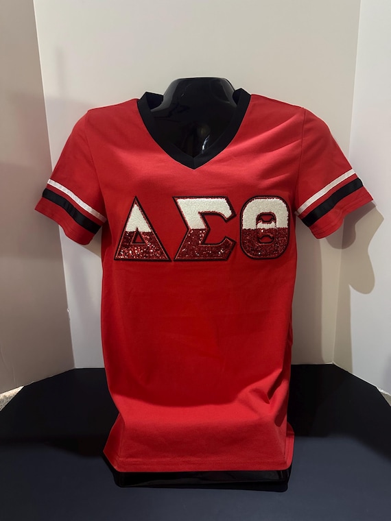 Delta Sigma Theta Vneck with Embroidered Chenille & Sequins Lettering. Sale Price ends Sunday!  See Sizing Chart in Pictures.