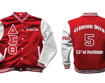 Delta Sigma Theta - PBAC SPR 24 Chaqueta universitaria de algodón suave con letras bordadas.