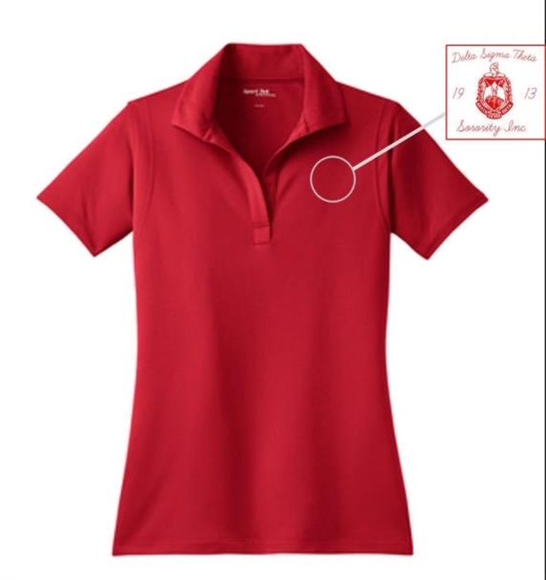 May include: Red short-sleeved polo shirt with a small embroidered logo on the left chest. The logo is a red and white crest with the text "Delta Sigma Theta Sorority, Inc." and the numbers "1913".