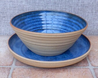 Large bowl and dinner plate set hand thrown in stoneware handmade pottery ceramic wheelthrown ramen noodle ready to ship.