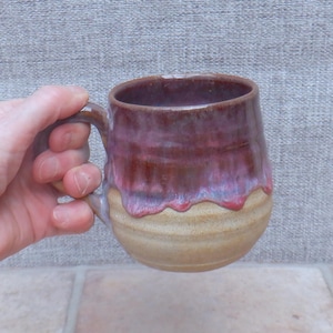 Handmade cuddle mug coffee tea cup stoneware pottery ceramic wheel thrown pink purple glaze