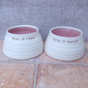 May include: Two white ceramic pet bowls with pink interiors. The bowls are personalized with the name "Reni" and the words "Food" and "Water".