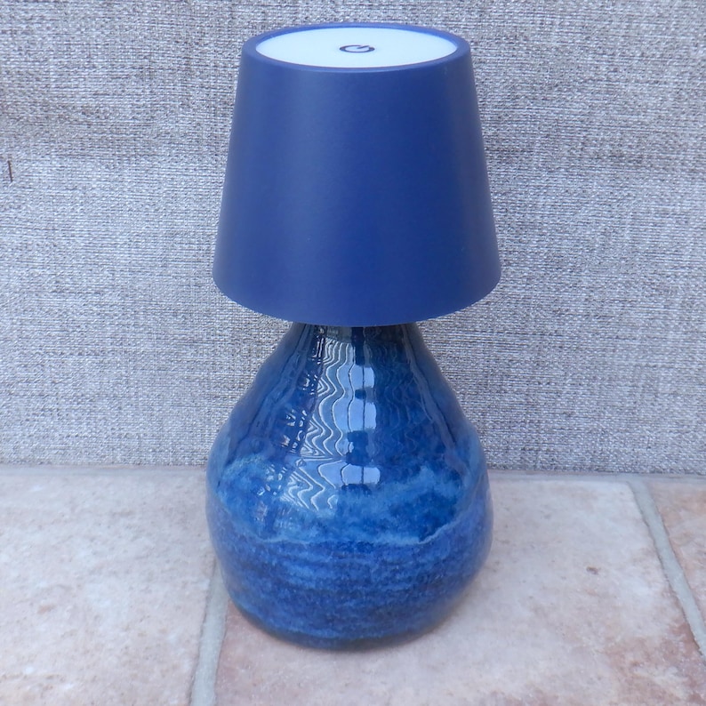 Handmade Table lamp base wheel thrown stoneware ceramic cobalt  blue glazes rechargeable light bedside