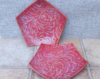 Handmade small plate in raspberry pink glaze textured stoneware ceramic