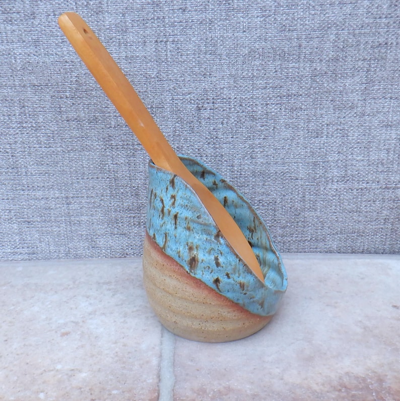 Spoon rest kitchen stand pottery handmade stoneware turquoise speckle glaze