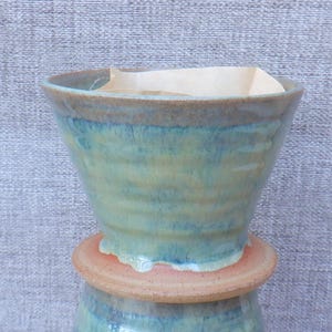 Handmade Coffee filter holder dripper pour over wheel thrown stoneware ceramic green reactive glaze