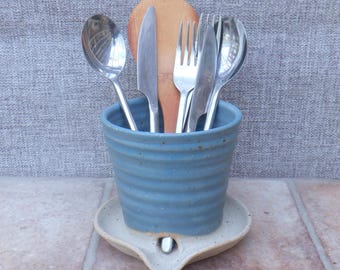 Cutlery and utensil drainer toothbrush holder stoneware pottery handmade ceramic matt grey glaze wheelthrown