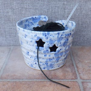Handmade Ceramic Yarn Bowl Large Stoneware Pottery blue and white with star Detail