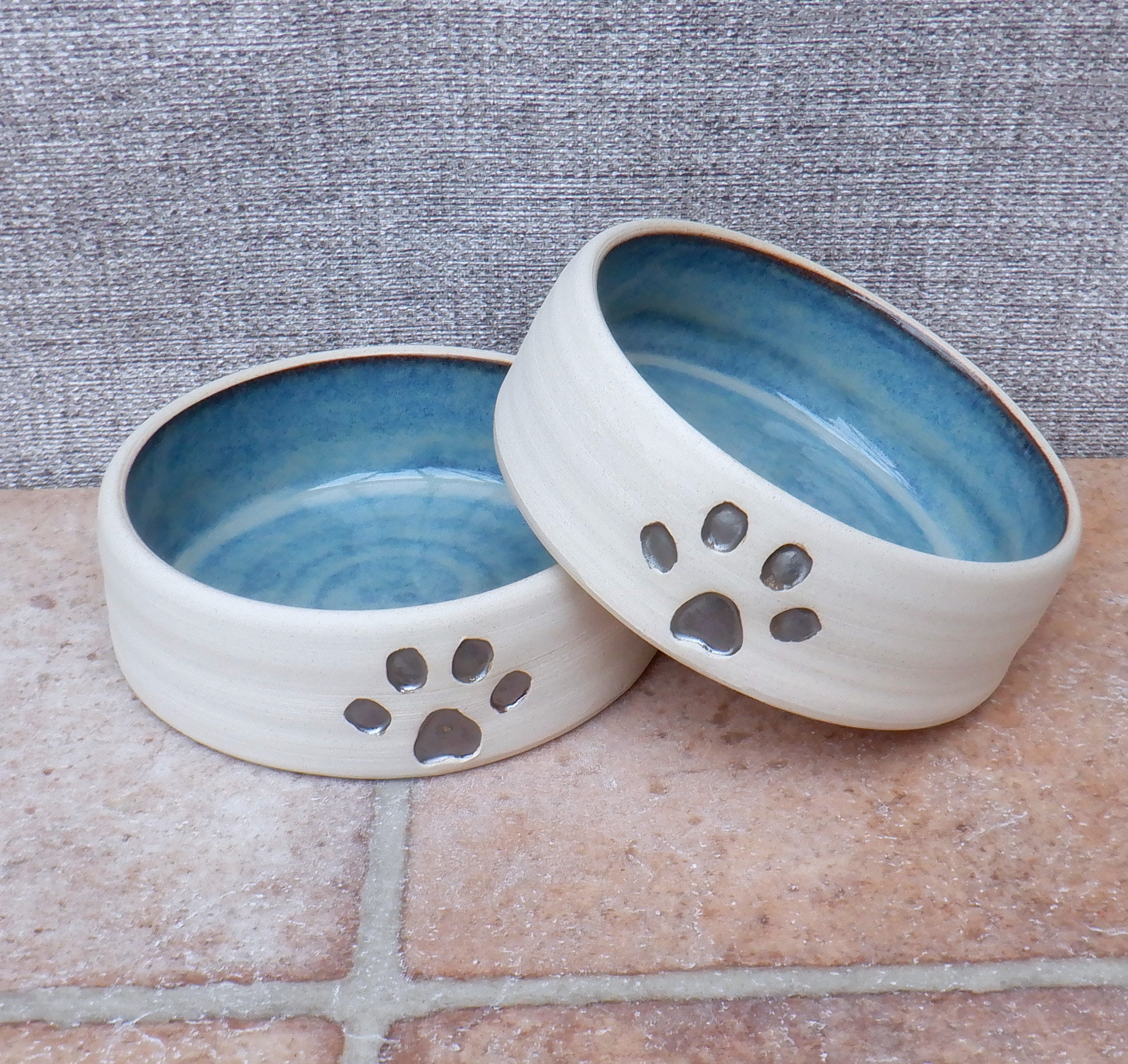Handmade Stoneware small Dog Bowl Set Paw Print Design Custom Color Choice