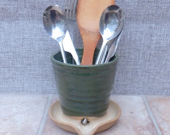 Cutlery and utensil drainer toothbrush holder hand thrown stoneware handmade ceramic dark green glaze