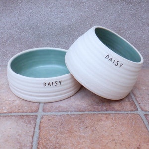 May include: Two white ceramic pet bowls with a light blue interior. Both bowls have the name "Daisy" written on the front.