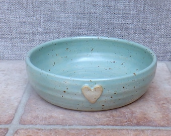 Hand thrown soup bowl in celadon green glaze with heart detail stoneware ceramic